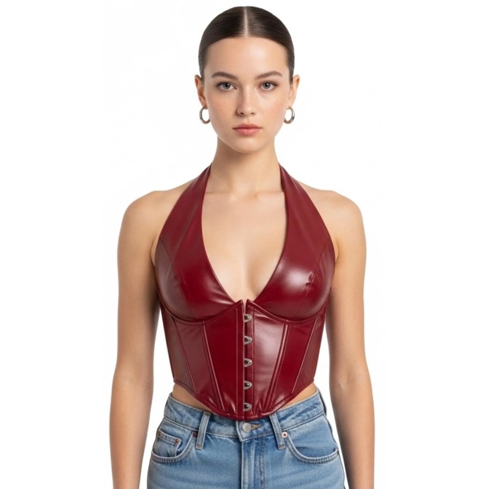Red Halter Leather Corset Top